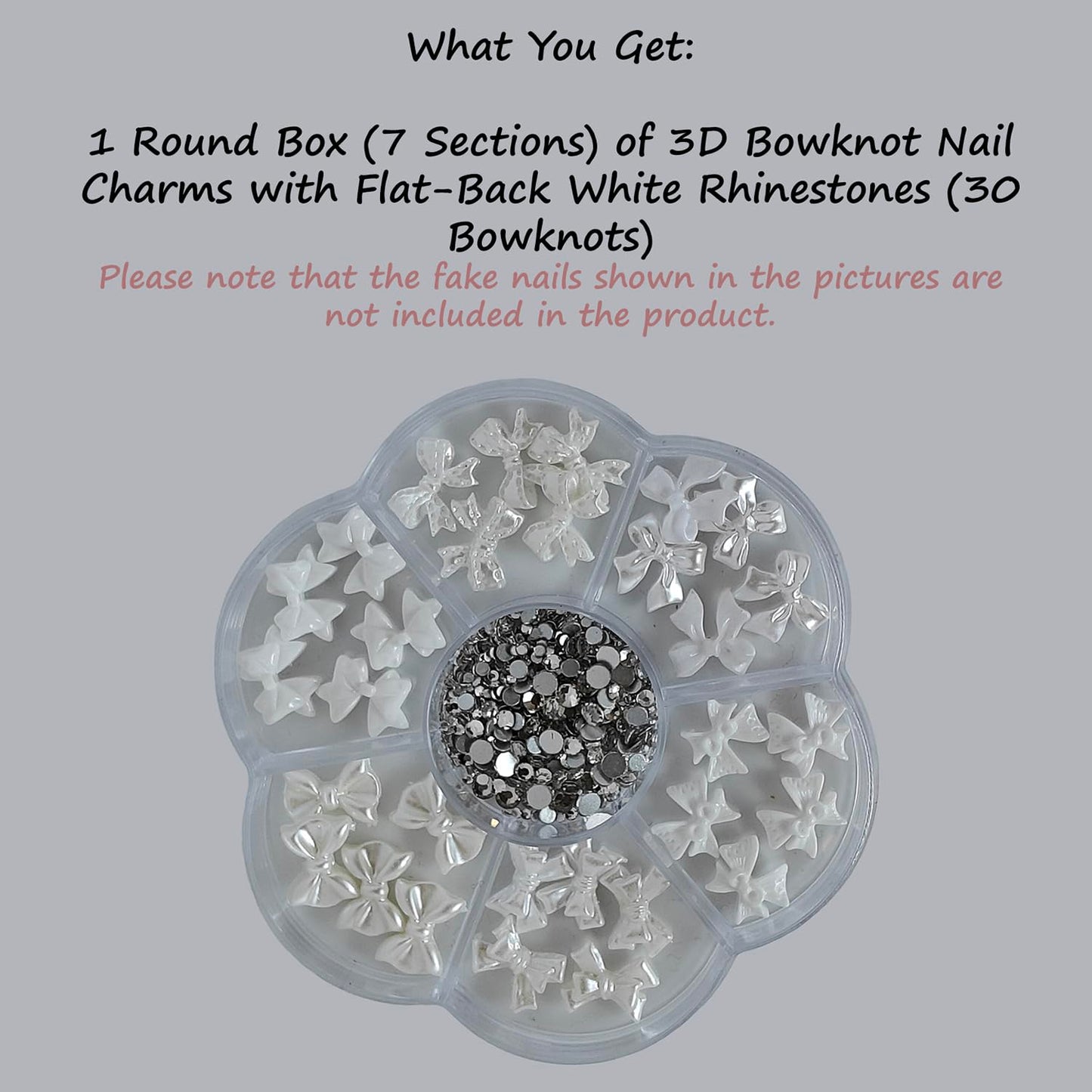 S.A.V.I 3D White Bowknot Nail Art Charms Set – 30 Pcs Glossy Resin Acrylic Bows with Flat-Back Rhinestones, Mixed Designs, Round 7-Section Storage Box (8.3 cm)