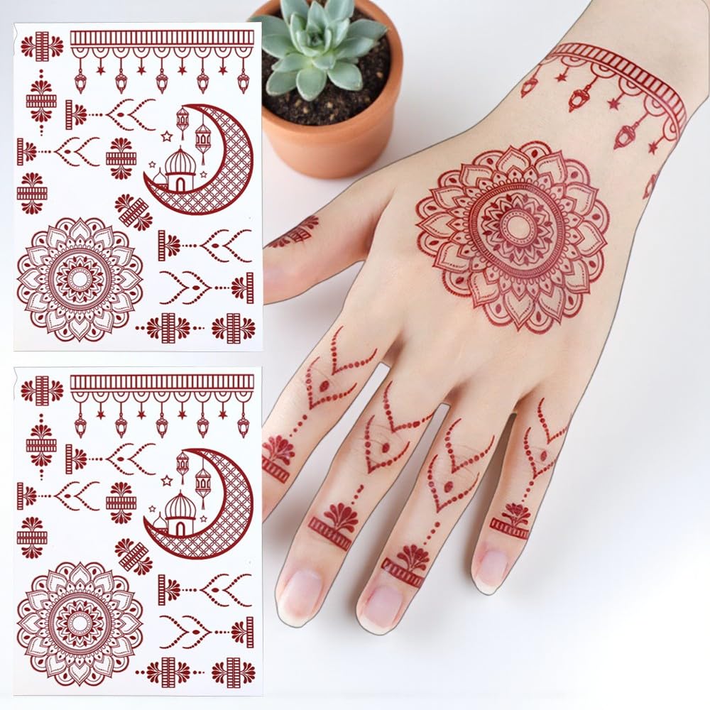 S.A.V.I 2Pcs Natural Islamic Henna Mehndi Temporary Tattoo Stickers for Women – Crescent Moon, Mosque & Mandala Design, Waterproof Skin-Safe Transfer Body Art for Eid, Nikah & Festivals (#54)
