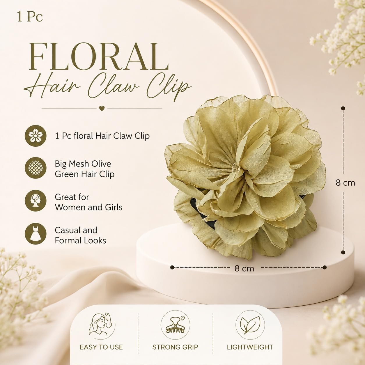 S.A.V.I Floral Hair Claw Clip for Women, Olive Green, 8 cm | Lightweight Mesh, Strong Grip, Everyday Styling, Office & Party Use, Blossom Design
