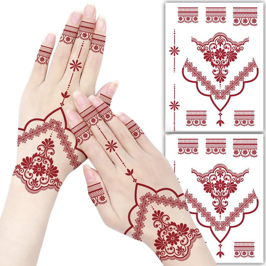 S.A.V.I 2 Sheets - Red Mehndi Style Temporary Tattoo Stickers for Women & Girls (16x12cm) | Floral Net Design | Waterproof, Safe, Non-Toxic Body Art for Hands – Easy to Apply & Remove (#66)