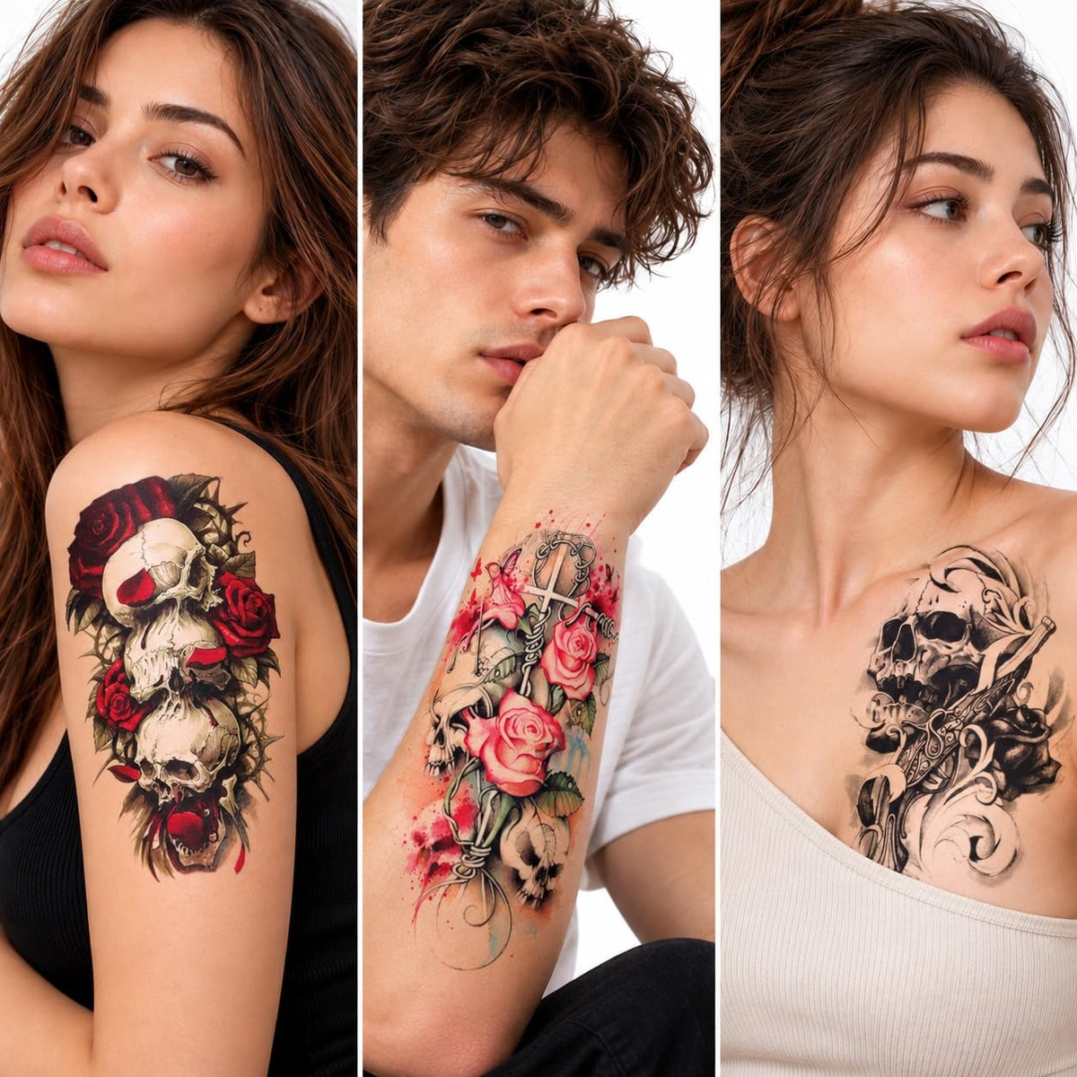 S.A.V.I Temporary Tattoo Stickers Skull Rose, 3 Sheets, 15x21 cm