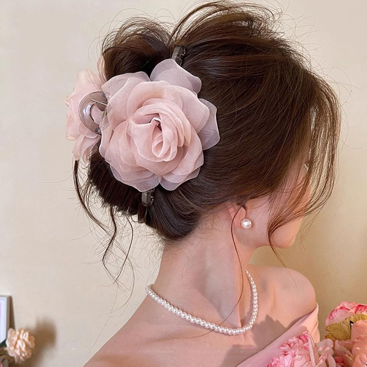 S.A.V.I Pale Pink Rose Hair Claw Clip for Women & Girls (9 cm) | Large Floral Net Fabric Hair Accessory | Strong Hold Elegant Updo Clutcher for Party, Wedding, Daily