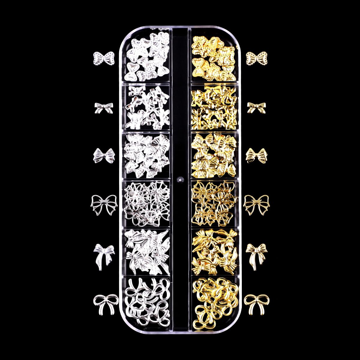 S.A.V.I Bow Nail Art Charms Set – 3D Gold & Silver Metal Bows for Nails | 12 Unique Styles | Nail Accessories for DIY Nail Art, Acrylic, Gel Manicure | 130mm Box, 30g Kit