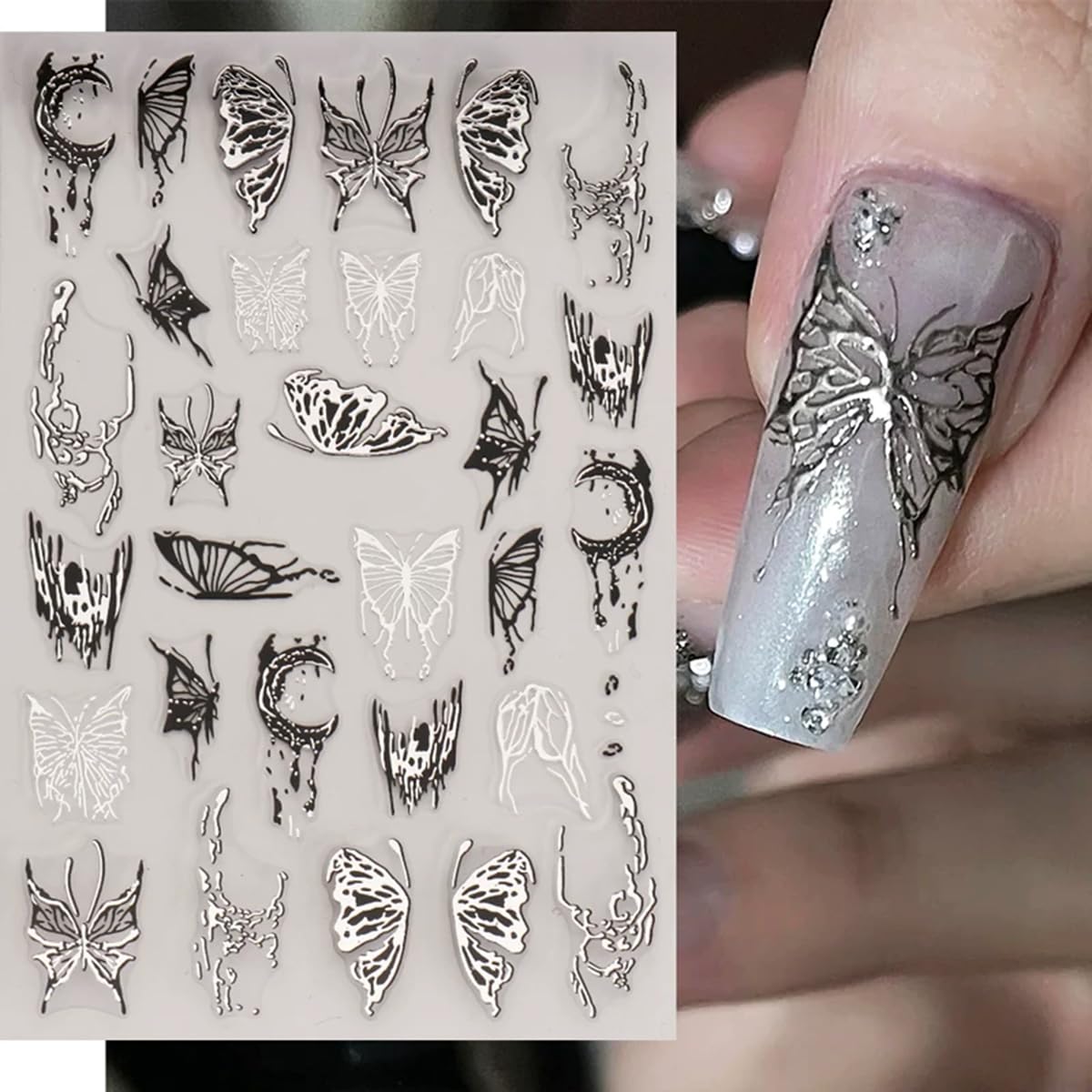 S.A.V.I 4 Sheets - 3D Self-Adhesive Nail Art Stickers Set, Gold & Silver Butterfly Moon Star Bow Designs, Metallic Decals for Acrylic Gel & Natural Nails, 9×6 cm