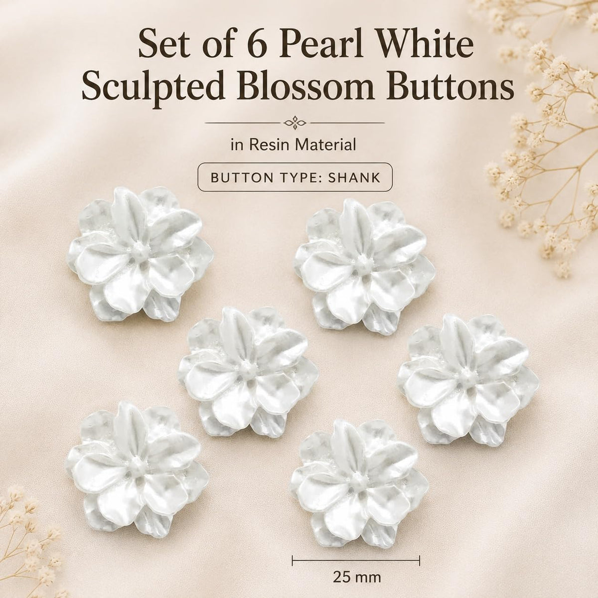 S.A.V.I Flower Shank Buttons Pearl White 25mm Resin Blossoms Pack of 6 | Blouse & Kurti Use, DIY Craft Supplies, Decorative Fasteners, Dress Embellishment