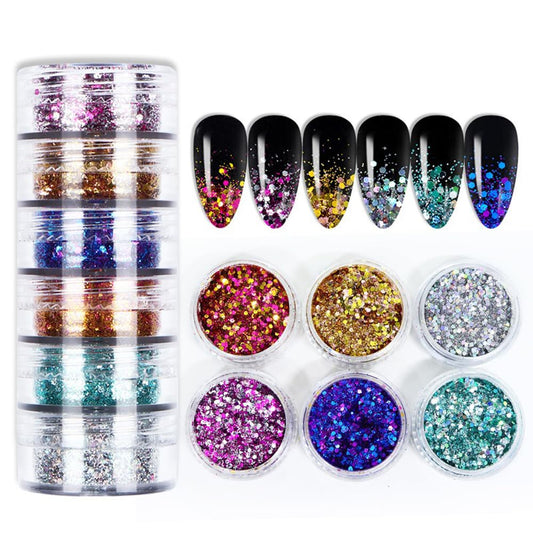 S.A.V.I 6 Jars Mixed Color Nail Glitter Sequins Set - Holographic Gold, Fuchsia, Blue, Silver  More | 35g Each | DIY Nail Art Decoration for Gel, Acrylic, Natural Nails | Festival  Party Shine