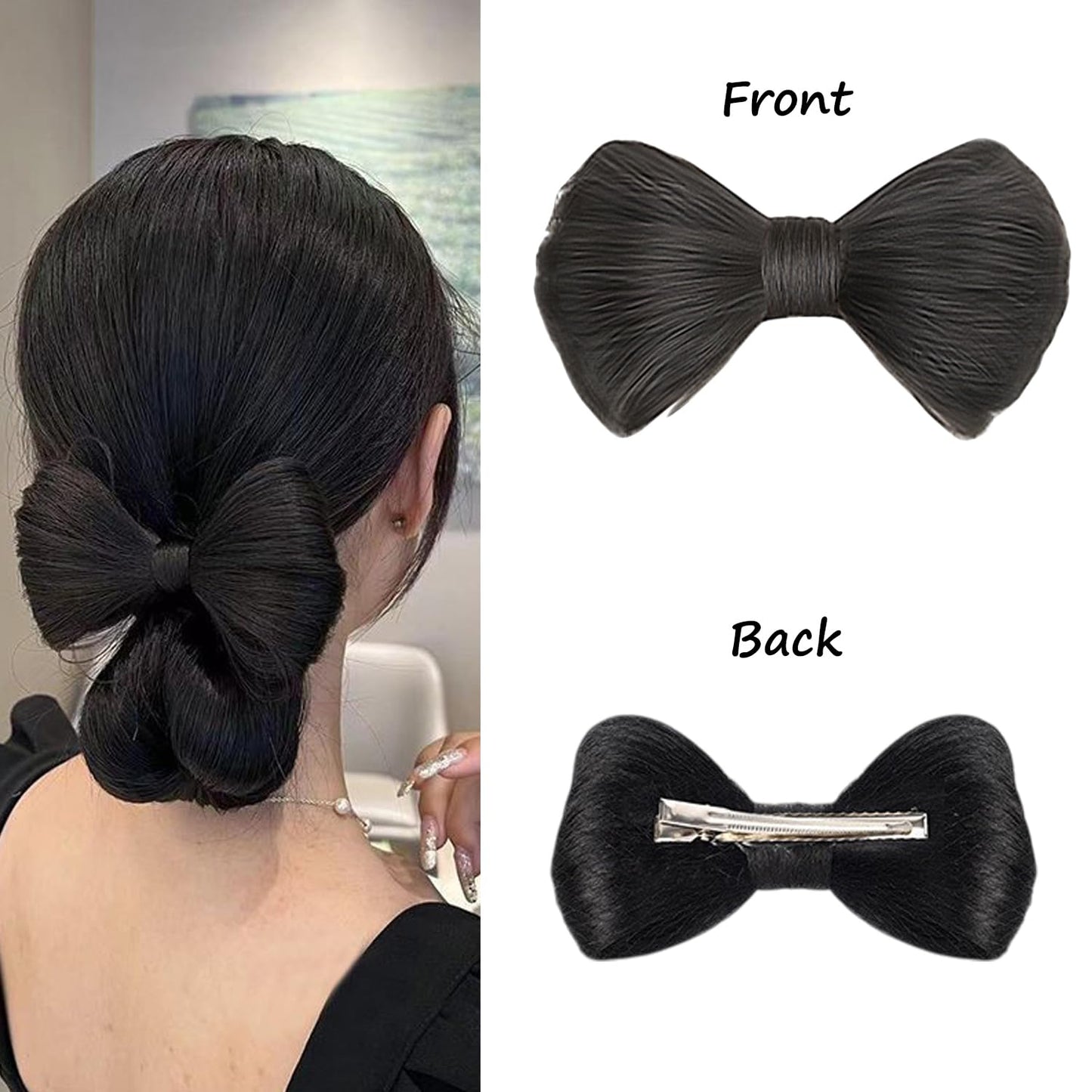 S.A.V.I Natural Black Bow Hair Extension Clip for Women & Girls | Korean Style Synthetic Hair Bow Barrette with Metal Clasp | Elegant Bun & Ponytail Accessory for Party, Wedding & Daily