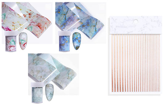 S.A.V.I 3 Nail Foil Rolls 1 Rose Gold Line Sticker DIY Holographic Marble Pattern Nail Decoration, Size 100x4 CM per roll