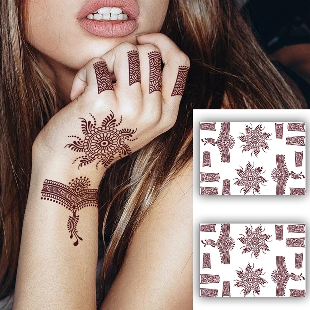 S.A.V.I 2 Sheets - Mehendi Tattoo Stickers, Waterproof Henna Designs, Natural Color, 21x15cm for Women's Hands  Arms
