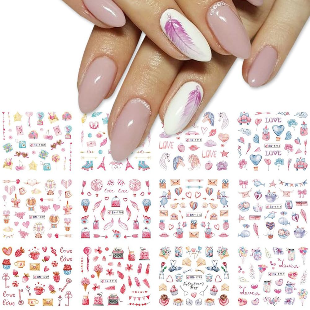 S.A.V.I Valentine's Day Nail Stickers – 12 Love  Feather Designs, Water Decal Nail Art Decoration