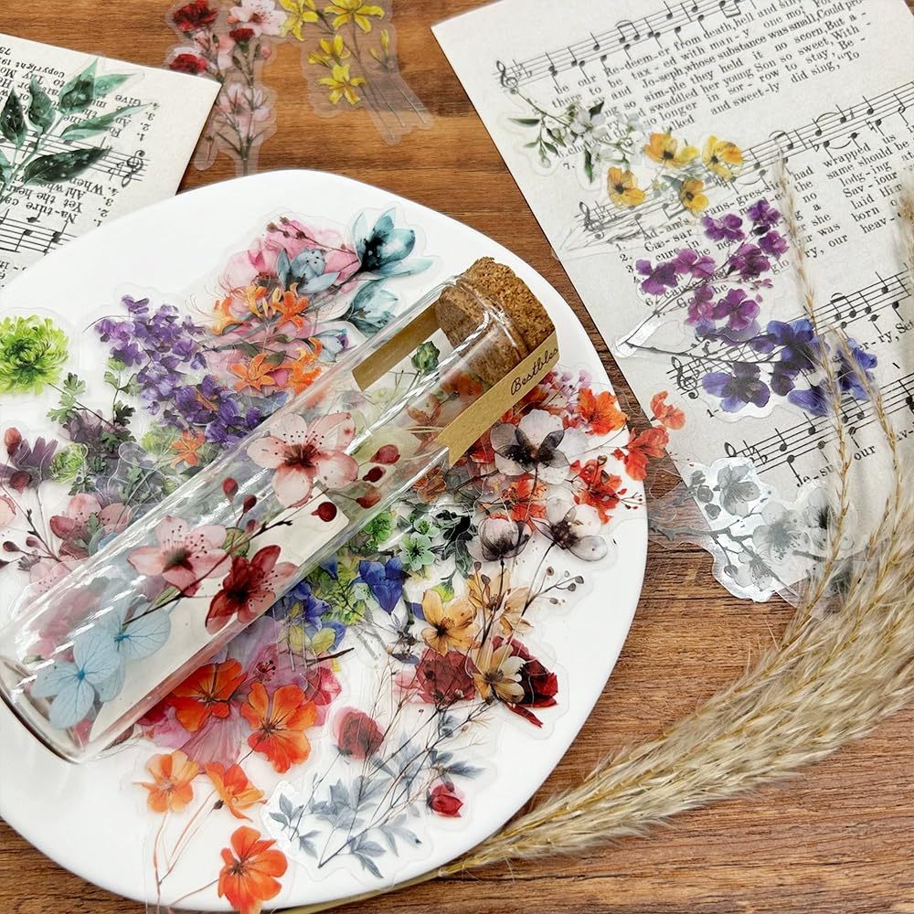 S.A.V.I Floral Transparent PET Stickers – 50 Sheets | Waterproof Matte UV | Multicolour Botanical Flowers (3–6 cm) | DIY Decor for Glass Cups, Bottles, Phone Covers, Journals & Crafts