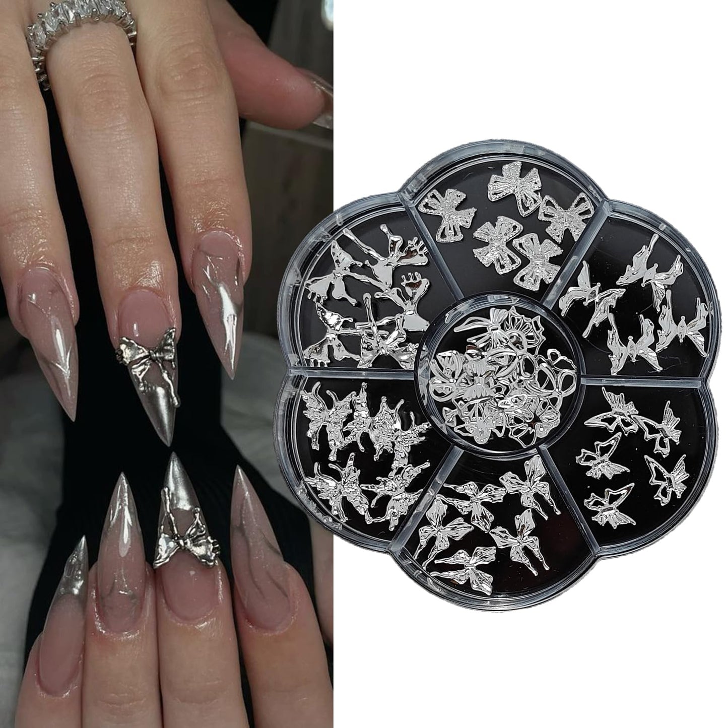 S.A.V.I Silver Metal 3D Nail Art Charms Set (60 Pcs) with Fairy, Butterfly & Bow Designs | DIY Decorations for Gel & Acrylic Nails | Flower Shape Round Storage Box 8.3 cm