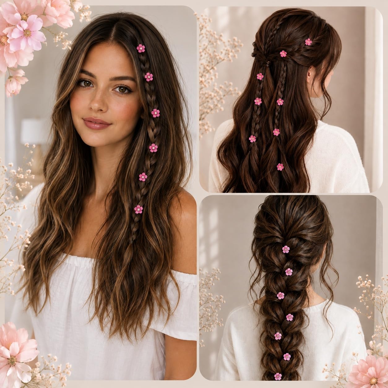 S.A.V.I Flower Hair Clips with Rhinestones, Pink, 1.5 cm | Set of 10, Resin Shell Material, Mini Claw Clips, Bridal & Party Styling, for Women & Girls