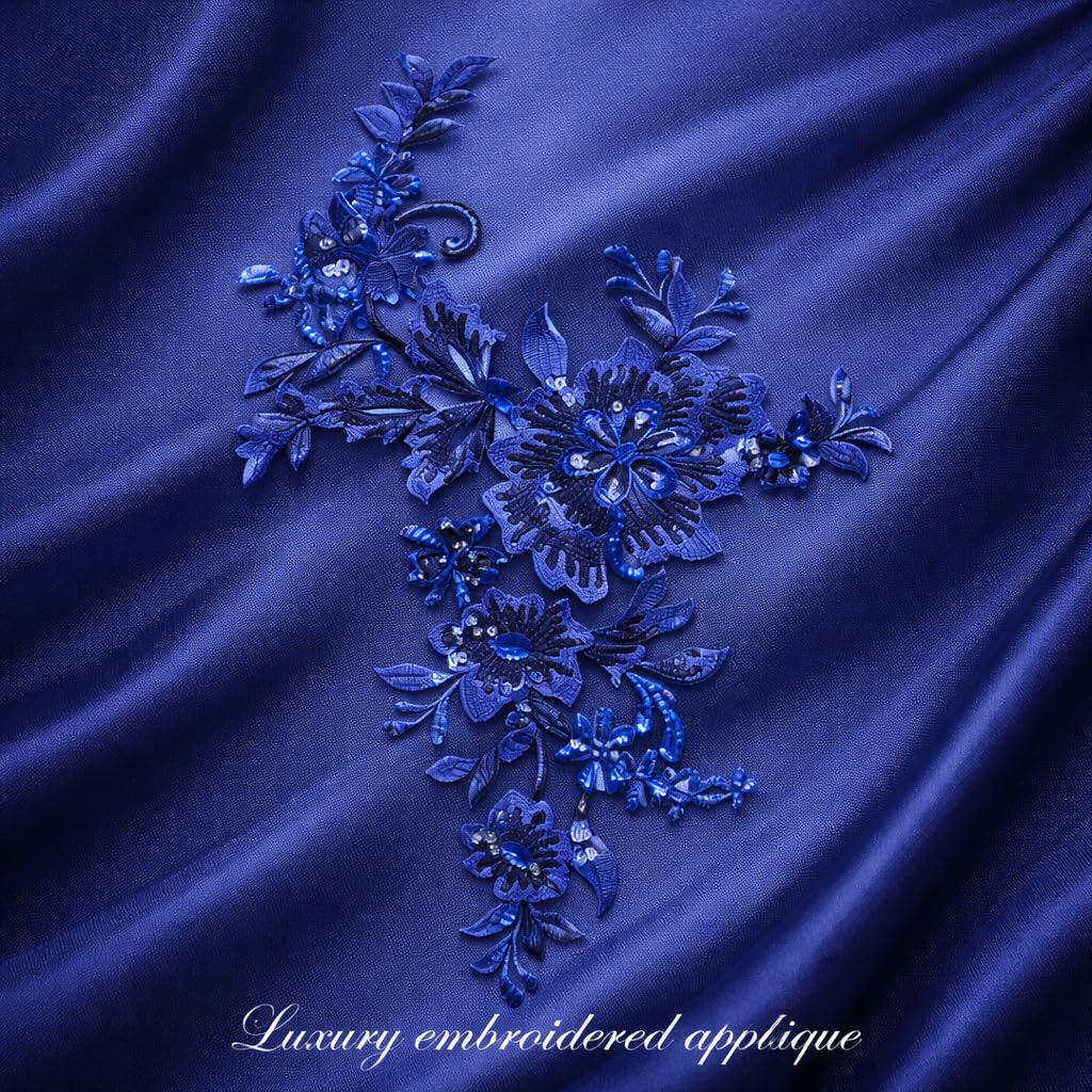 S.A.V.I Blue Floral Sequin Embroidered Appliqué Patch 25x29 cm on Mesh, Asymmetrical Designer Motif, Sew-On Craft Accent for Saree, Gown, Lehenga & Dress DIY (Blue)