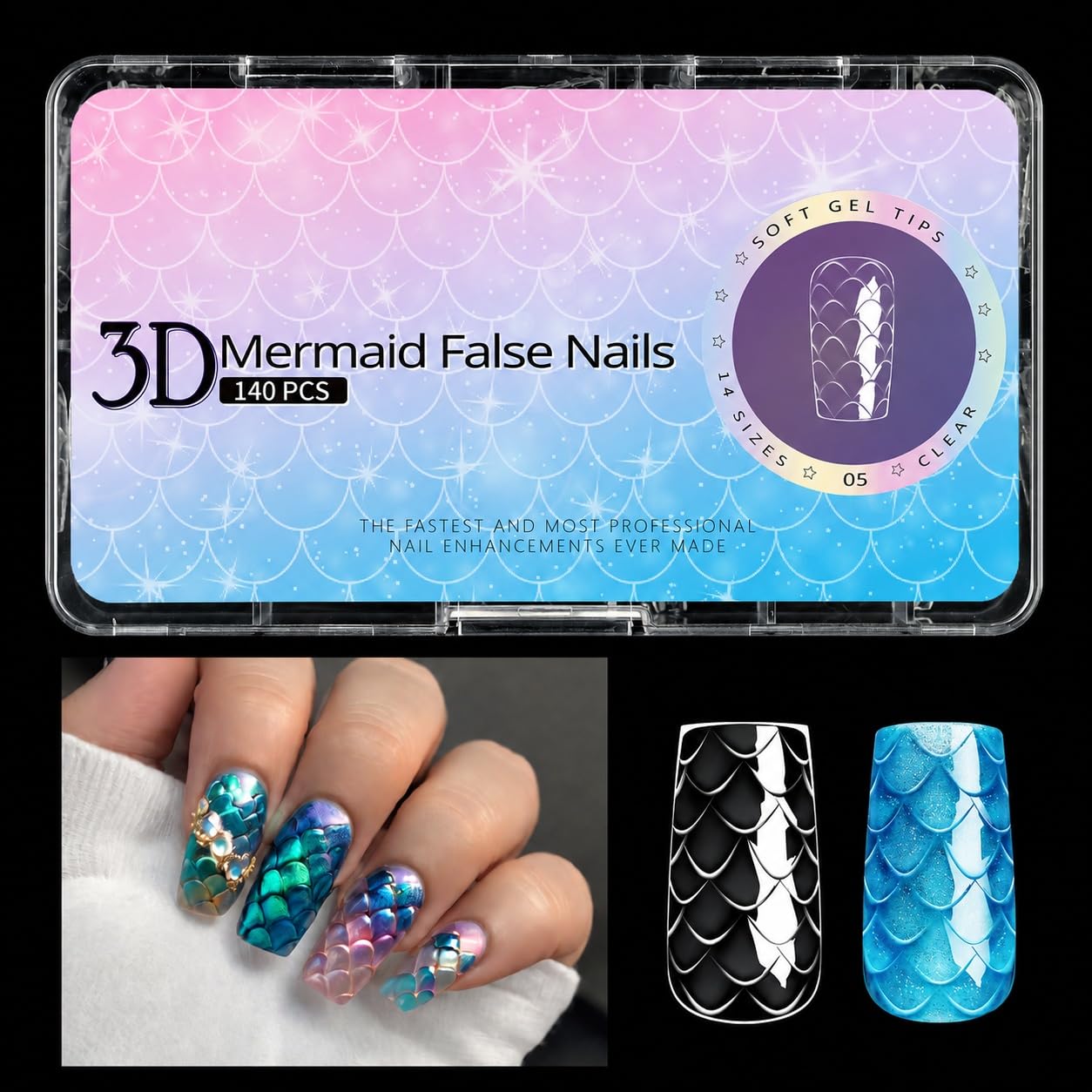 S.A.V.I 3D Mermaid False Nails 140 Pcs Clear Square Soft Gel | 12 Sizes, Natural Fit, Easy Application, Medium Length, Nail Art & Salon DIY