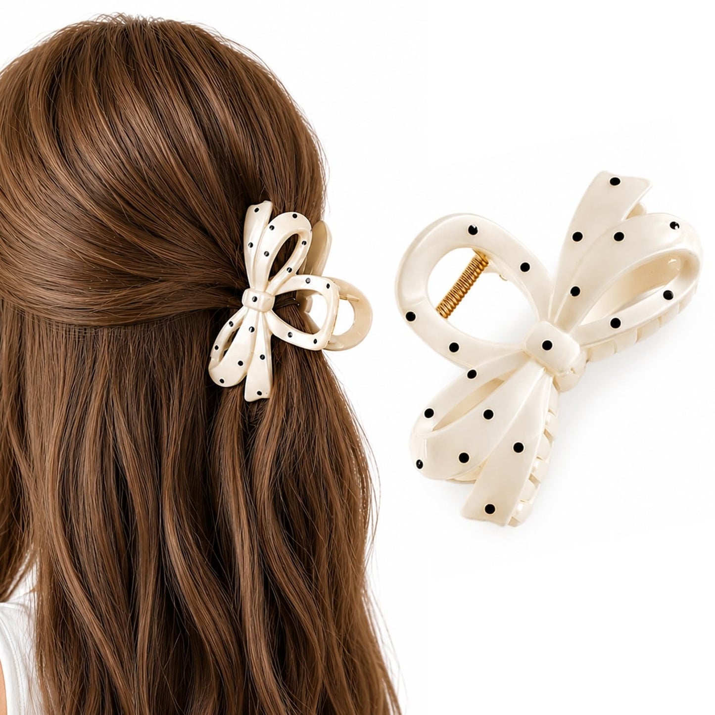S.A.V.I Bow Hair Claw Clip Large Polka Dot Off White, 10.5 cm | Strong Acrylic Clutcher, Secure Hold, Thick Hair, Half & Full Updos, 1 Piece