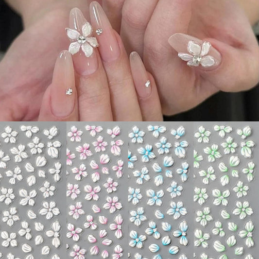 S.A.V.I 4 Sheets - 3D Floral Nail Art Stickers – Pearl White & Pastel Pink Blue Acrylic Flower Designs, Self-Adhesive Sheets 7×9 cm for DIY Salon-Style Nails at Home
