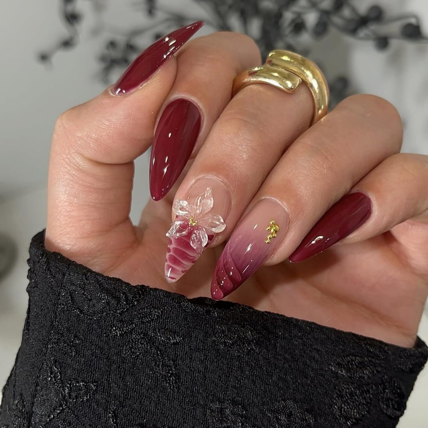 S.A.V.I Press on Nails Long Almond Burgundy 3D Flower 24 Pcs | Gloss Finish, Beads, Glue & Adhesive Tabs, Reusable DIY Full Cover Tips for Parties & Weddings