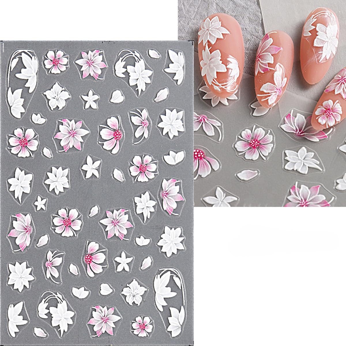 S.A.V.I 4 Sheets - 3D Floral Nail Art Stickers | White & Pink Self-Adhesive PVC Decals with Transparent Base | DIY Nail Decoration for Gel, Acrylic & Natural