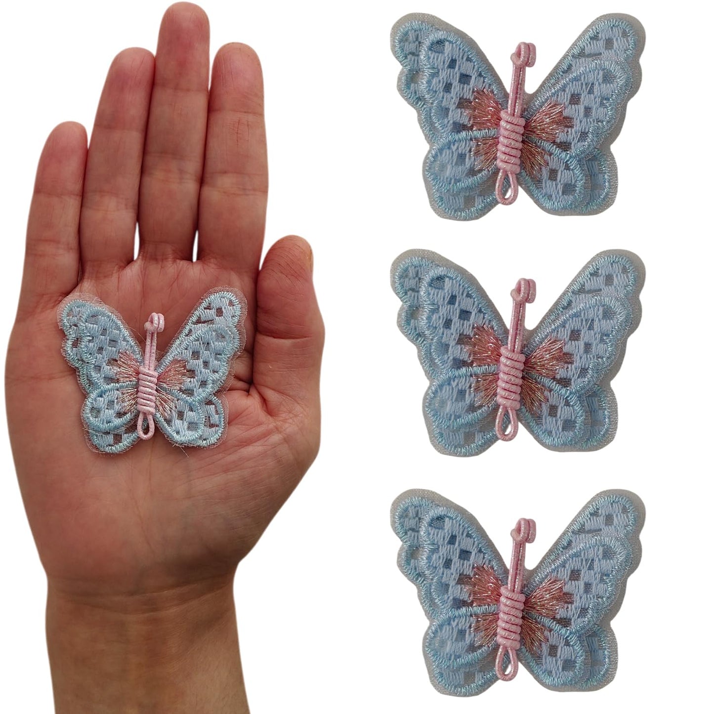 S.A.V.I 3 Pcs Butterfly Sew-On Applique Blue & Pink | 2 x 1.7 Inch Embroidered Fabric Patch with Thread Mesh | Decorative Motif for Dresses, Kurtis, Crafts & DIY (Blue)