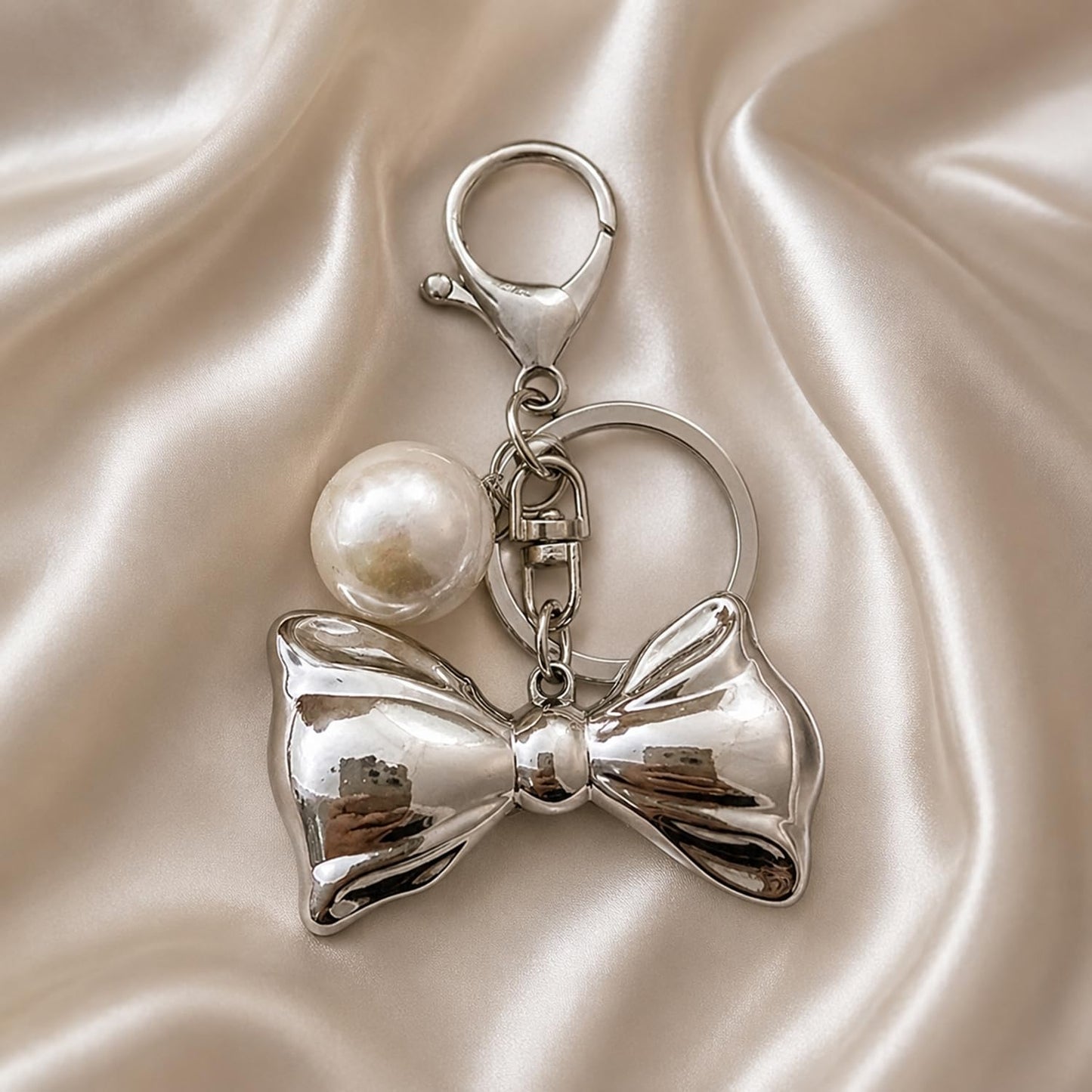 S.A.V.I Pearl Bow Keychain for Women, Silver Alloy Bag Charm Key Ring, Elegant handbag accessory with lobster clasp, lightweight decorative pendant for purses, backpacks, car keys & gifting