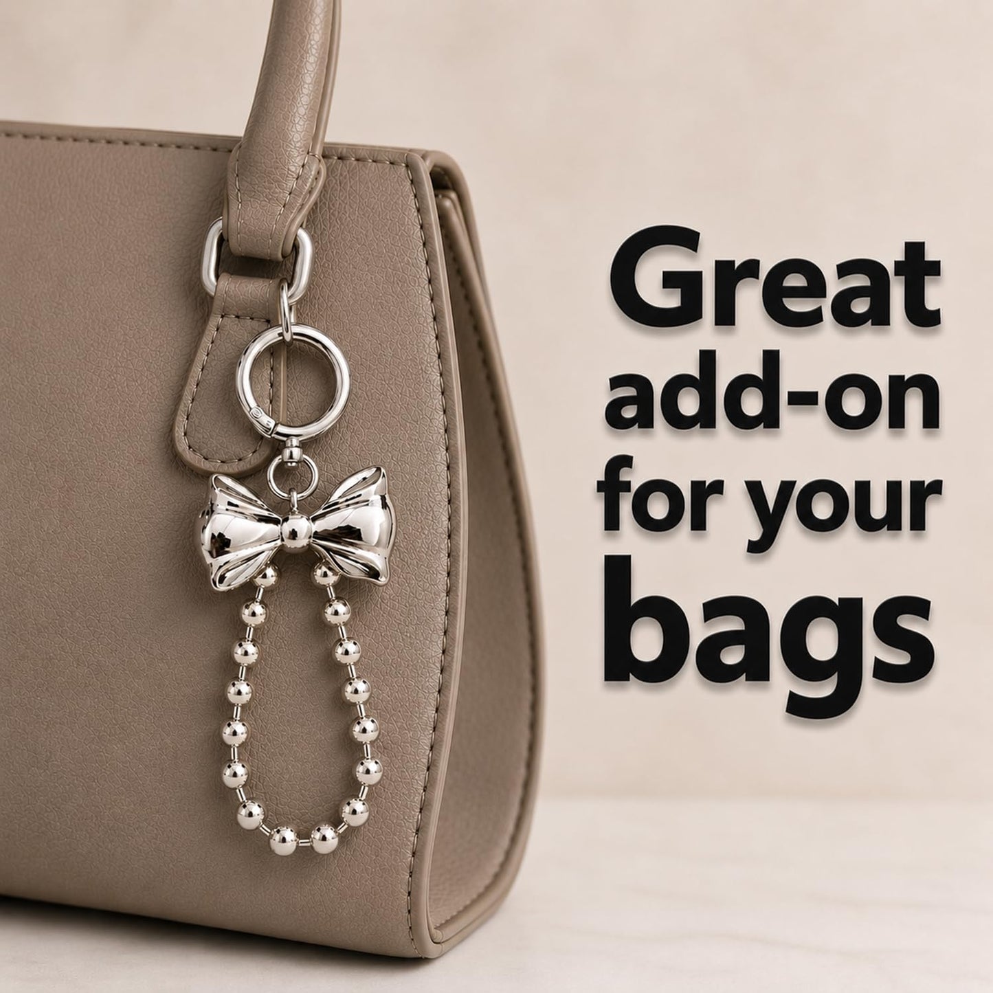 S.A.V.I Bow Keychain for Women, Silver Metal Bag Charm with Bead Chain, Round clasp accessory for handbags, backpacks & keys; stylish gift with glossy finish for girls and teens.