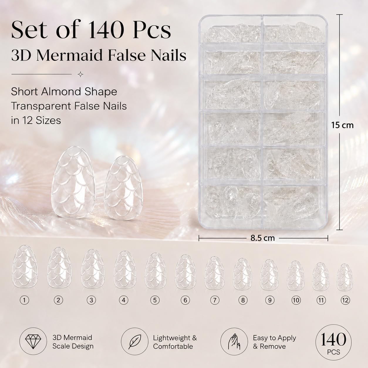 S.A.V.I 3D Mermaid False Nails 140 Pcs Clear Soft Gel Tips | Short Almond Shape, 12 Sizes, Lightweight & Comfortable, Easy to Apply & Remove, DIY Manicure