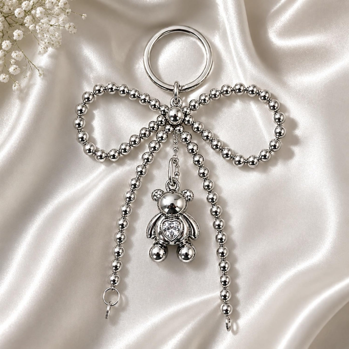 S.A.V.I Big Bow Teddy Bear Keychain for Women, Chrome Silver, Sparkling Heart Pendant, Beaded Metal Finish, Bag & Key Charm, 15 cm Length, Ideal for Girls