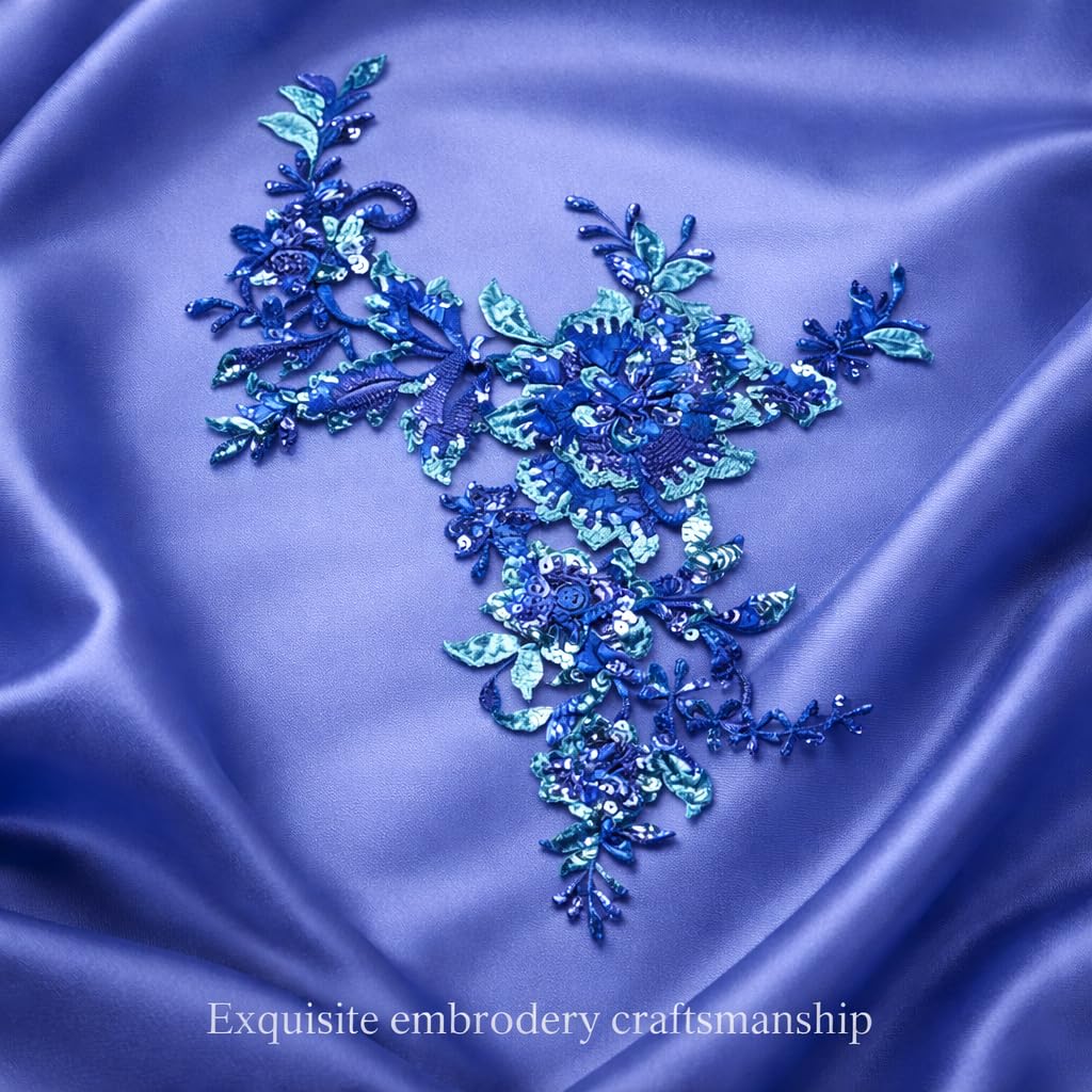 S.A.V.I Royal Blue Sequin Embroidered Floral Appliqué Patch 25 x 29 cm | Net Fabric V-Shaped Designer Motif | Handcrafted Sew-On for Gowns, Blouses & Dresses (Royal Blue)