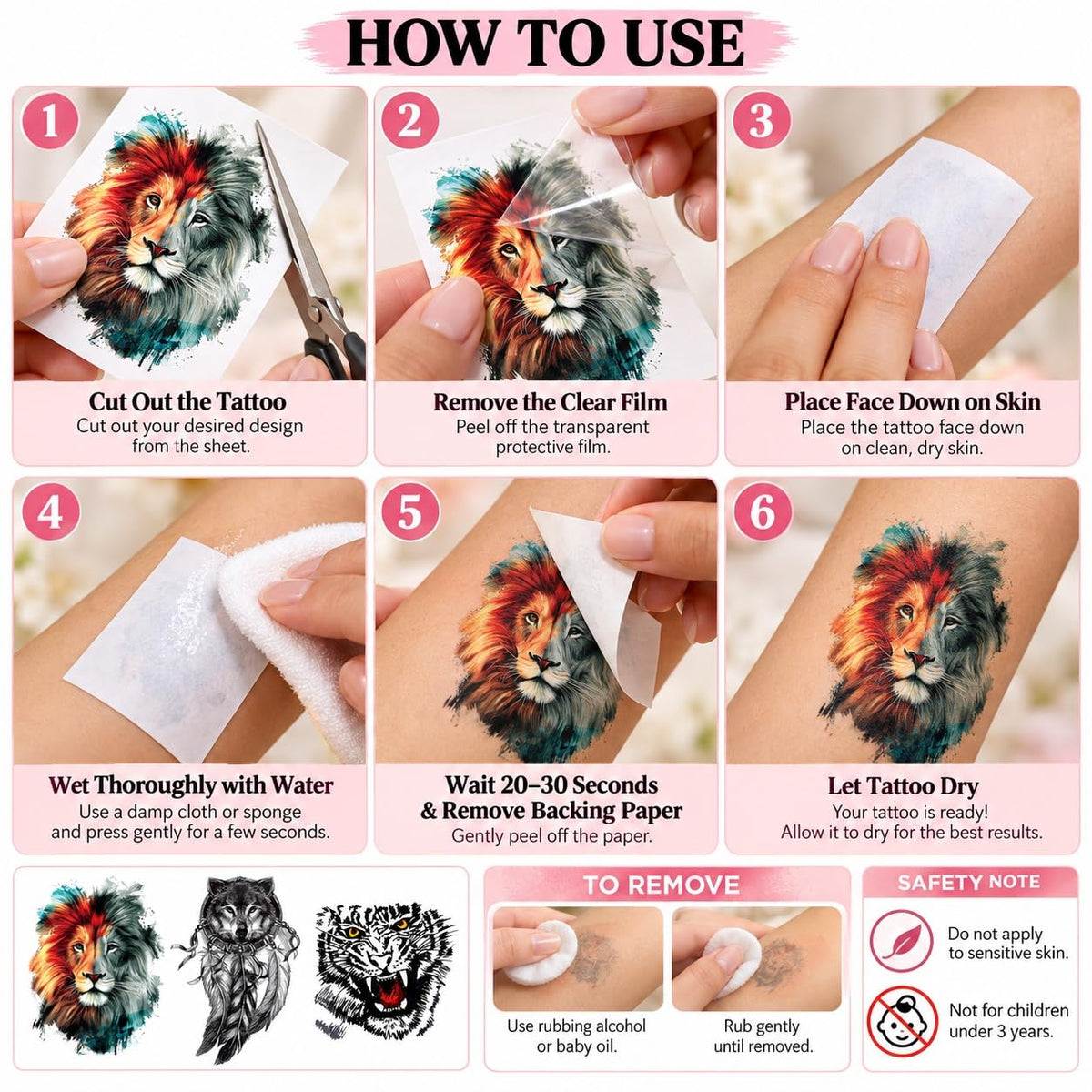 S.A.V.I Temporary Tattoo Stickers Wolf, Lion & Tiger, 3 Sheets