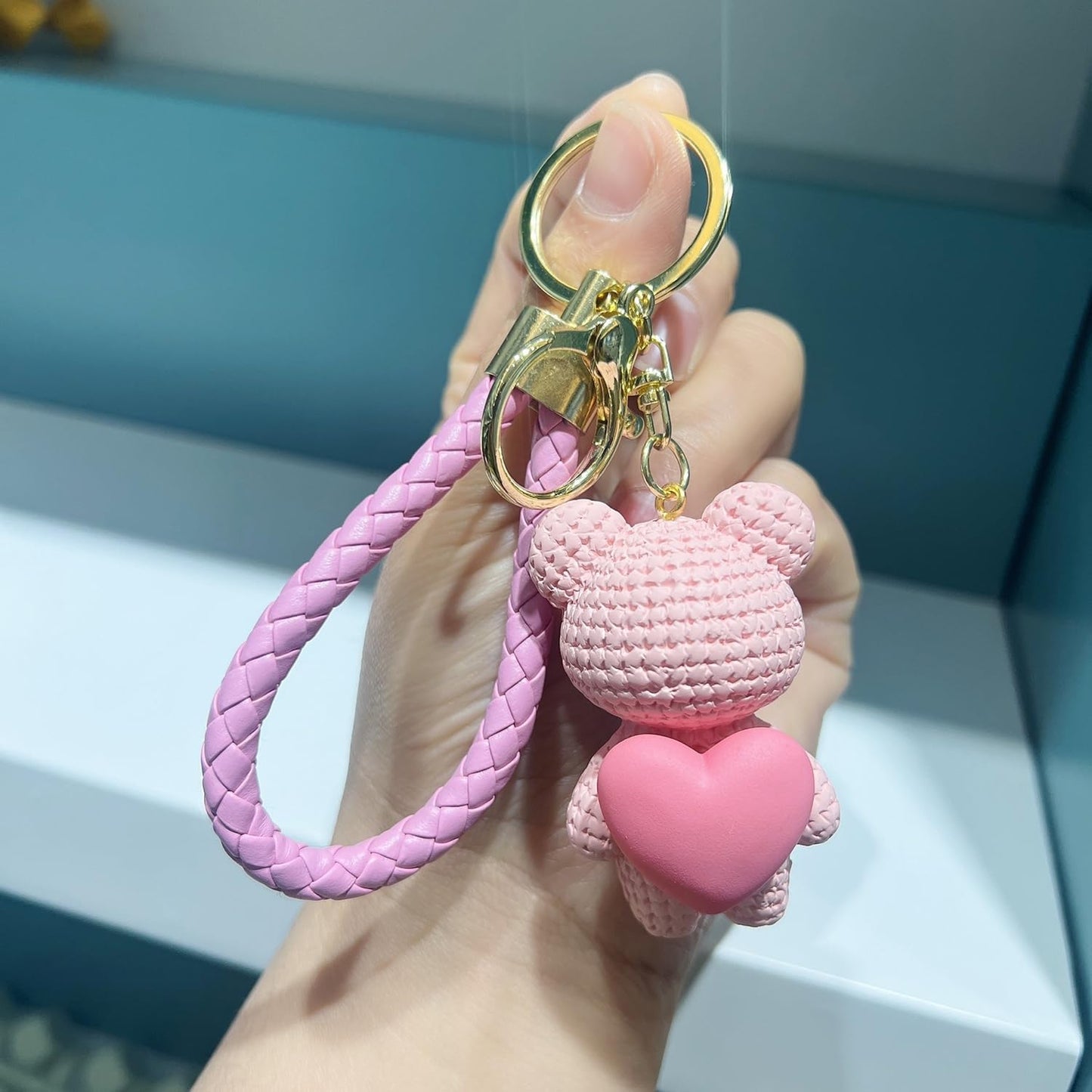 S.A.V.I Cute Pink Bear Keychain with Heart Charm | Resin Mini Teddy Pendant 6cm | Braided PU Leather Wrist Strap | Lightweight Gold Key Ring for Girls, Women (Pink)
