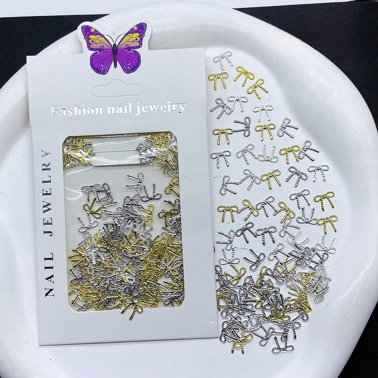 S.A.V.I 3D Bow Knot Nail Charms (80 Pcs) | Gold & Silver Mini Metal Studs 9×7 mm | Alloy Bow Design DIY Nail Jewellery for Gel, Acrylic & Press-On Nails