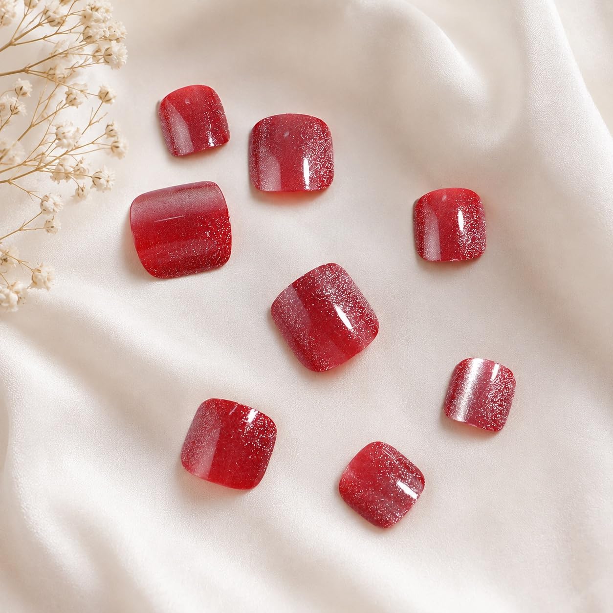 S.A.V.I Press on Toenails 24 Pcs Red Cat Eye Short Square Shape