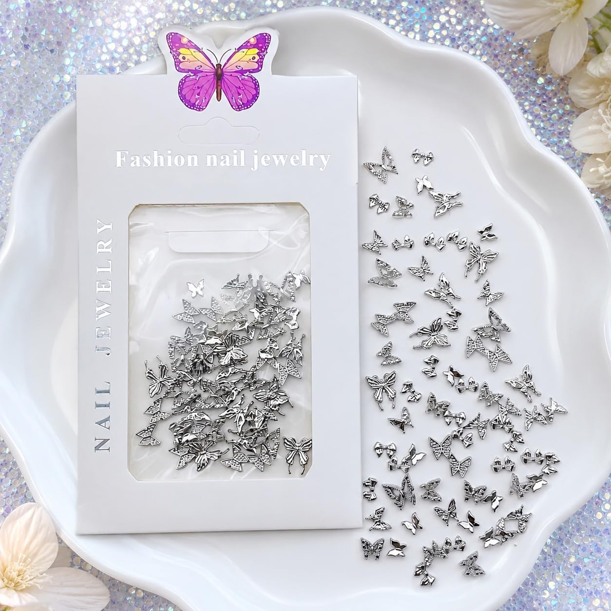 S.A.V.I 45Pcs Alloy Nail Charms Butterfly Bow Silver 3D | Mixed Shapes, Gel & Acrylic Designs, Durable Metal, Salon & Home DIY, Manicure Embellishments