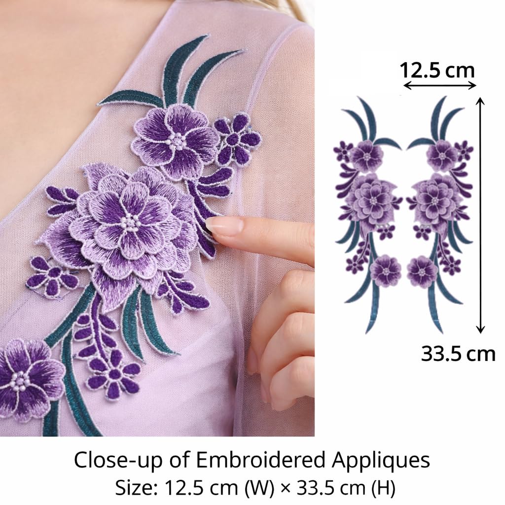 S.A.V.I Pair of Purple Floral Embroidered Sew-On Applique for Women Dresses & Kurtis | Thread Work Flower Design | 12.5 x 33.5 cm Decorative Garment & Craft Patch (Purple)