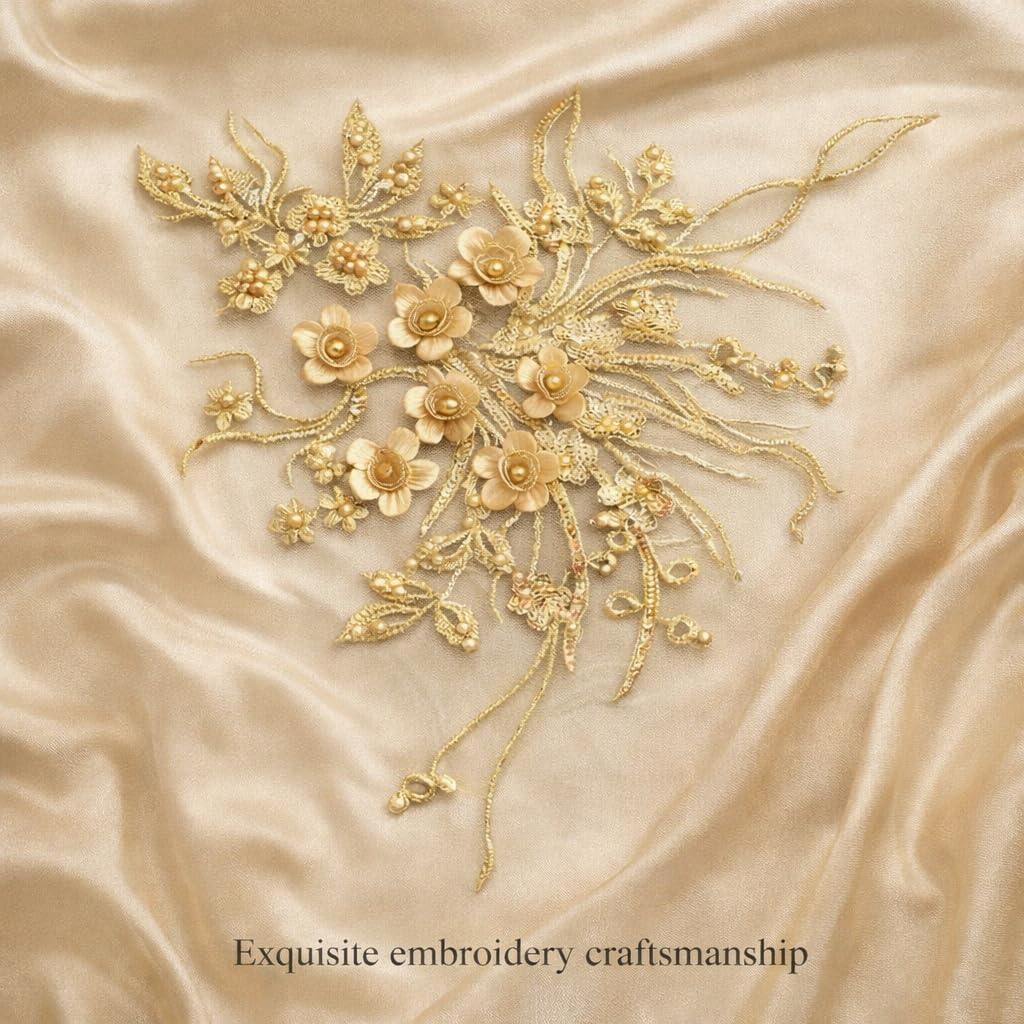 S.A.V.I Handcrafted Gold Floral Embroidered Appliqué Patch 32.1 x 36.1 cm | 3D Zardozi Flower Work on Net Fabric | Designer Sewing Motif for Blouse, Gown, Anarkali