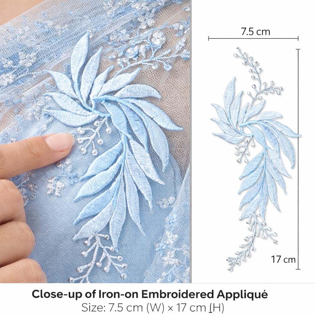 S.A.V.I Blue & Silver Floral Iron-On Embroidered Appliqué Patch 7.5 x 17 cm | Leaf Motif Threadwork Design for Dresses, Sarees, Blouses, DIY Fabric Craft (Right, Blue, 7.5 x 17 cm)