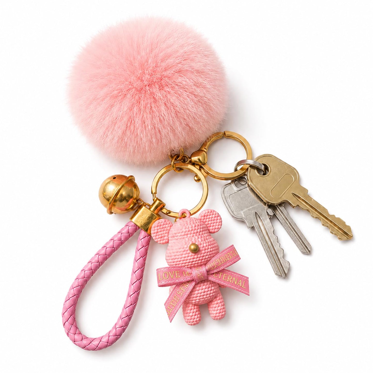 S.A.V.I Teddy Bear Pom Pom Keychain for Women & Girls, Pink Bag Charm, Soft Faux Fur, Braided Strap, Gold-Tone Bell, 13.5 Cm Cute Accessory For Keys, Handbags, Backpacks & Gifting