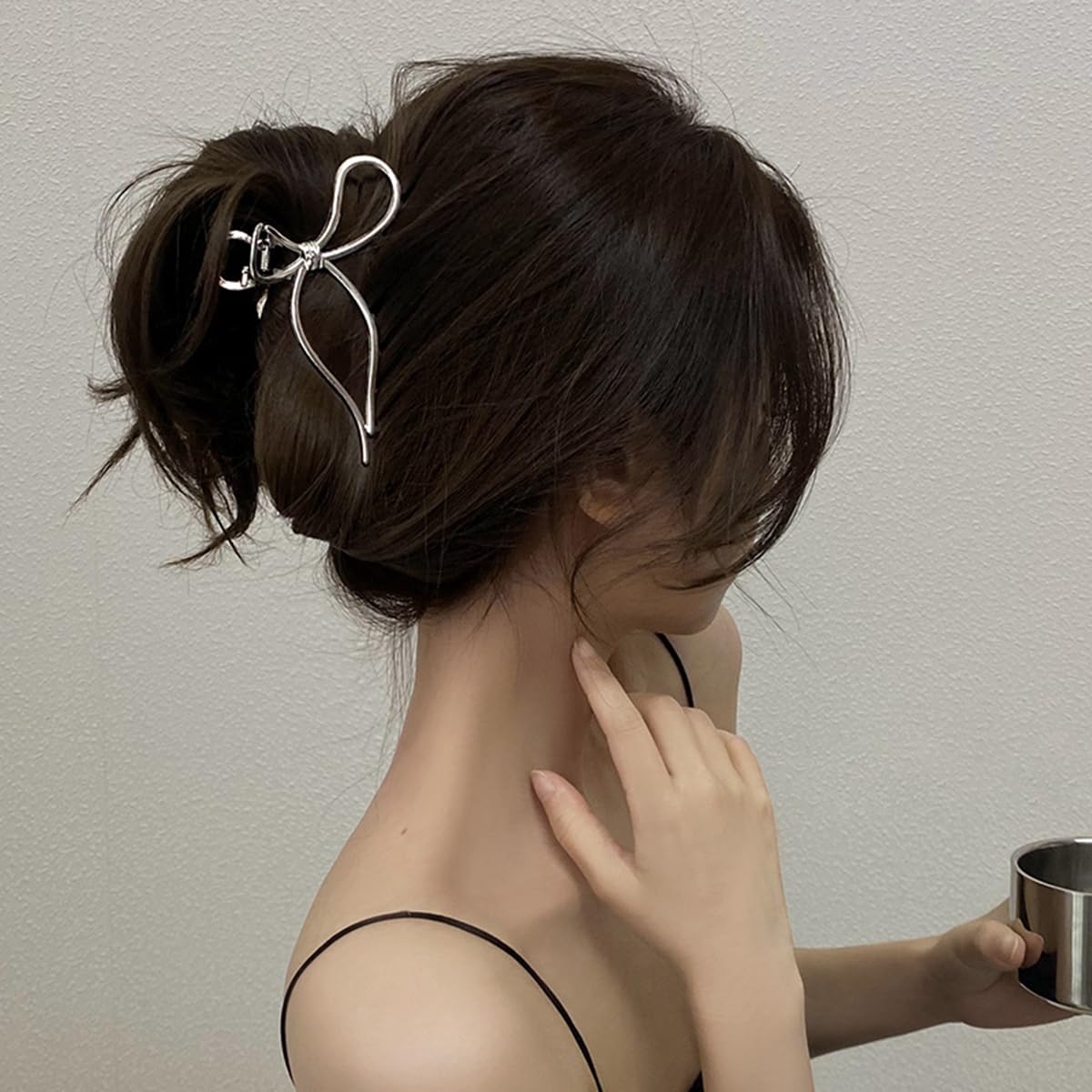 S.A.V.I Silver Metal Bow Hair Claw Clip for Women, 11.5 cm Large Butterfly Design, Strong Hold Non-Slip Jaw for Thick Long Hair, Korean Style Elegant Accessory To Use Daily & For Party