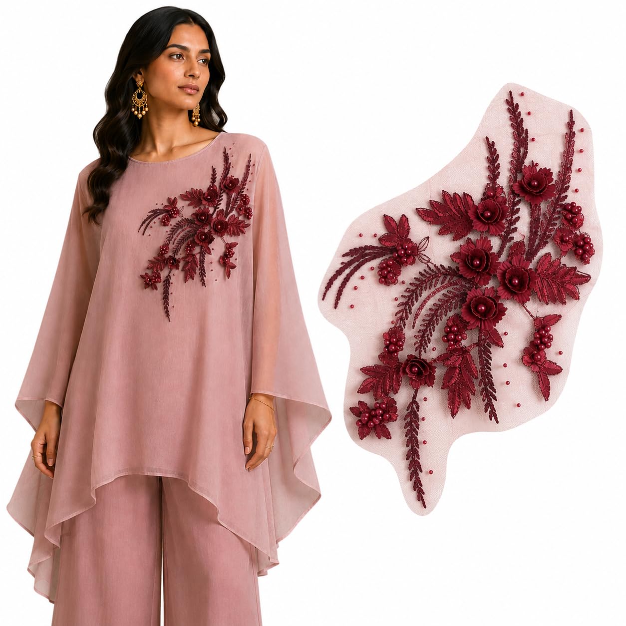 S.A.V.I Floral Embroidery Patch Sew-On Applique Wine 34x25cm|3D Beaded Mesh Lace Motif for Kurti, Gown, Blouse & DIY Craft, Premium Finish