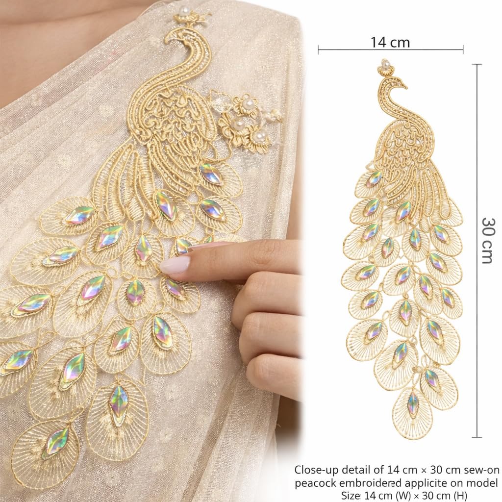 S.A.V.I Gold Peacock Embroidered Sew-On Applique 14 x 30 cm | Luxury Threadwork with Iridescent Stones | Designer Ethnic Motif for Saree, Blouse, Kurti & Gown (Left, Gold, OneSize)