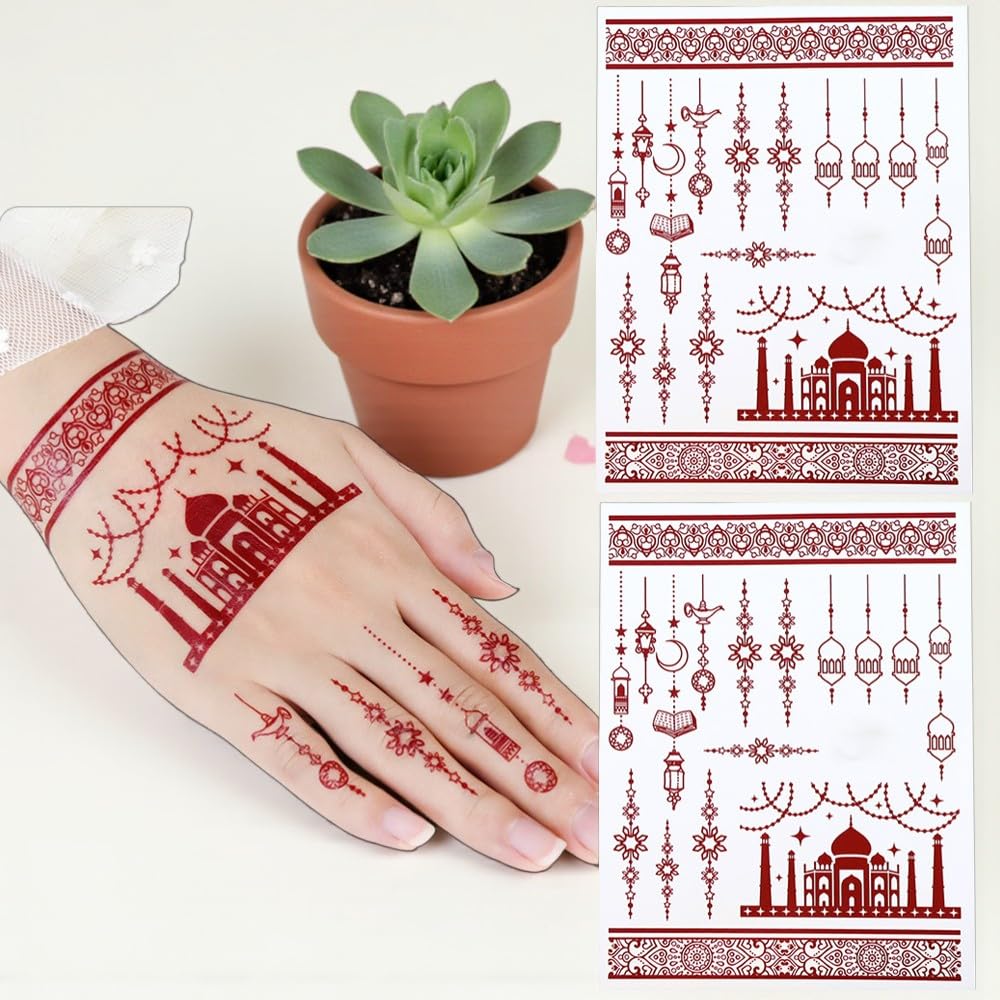 S.A.V.I 2Pcs Natural Islamic Henna Mehndi Temporary Tattoo Stickers for Women – Crescent Moon, Mosque & Mandala Design, Waterproof Skin-Safe Transfer Body Art for Eid, Nikah & Festivals (#52)
