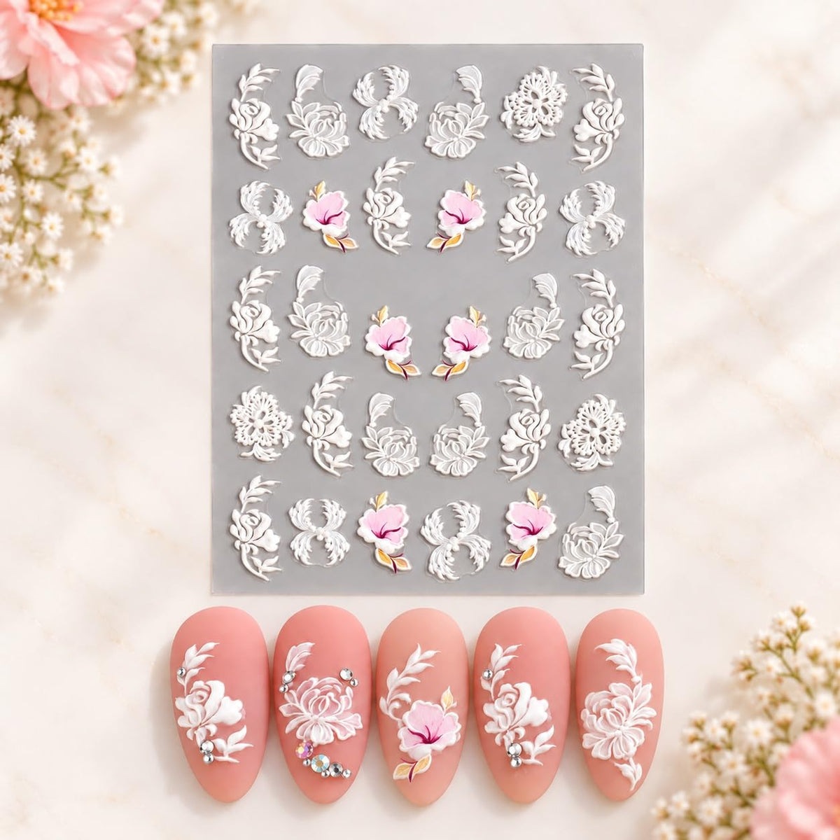 S.A.V.I 3D Floral Nail Art Stickers Self Adhesive Decals 6x8 cm | White & Pink Rose Designs, DIY Application, Bridal & Party Looks, 1 Sheet, For Women