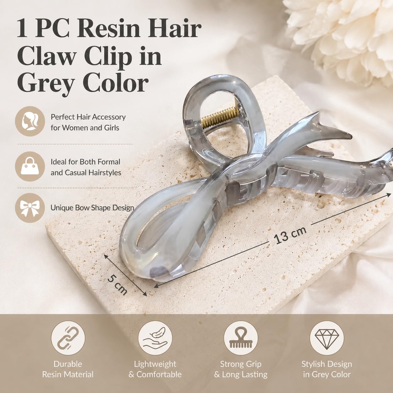 S.A.V.I Bow Hair Claw Clip for Women, Grey, 13 cm | Strong Hold, Lightweight, Acrylic Material, Formal & Casual Styles, For Girls