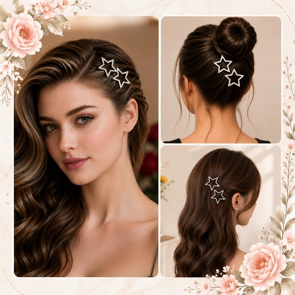 S.A.V.I Star Hair Clips for Women & Girls, Rhinestone Silver 4cm | 2 Pc Metal Barrettes, Crystal Embellishment, Strong Hold, Daily & Parties
