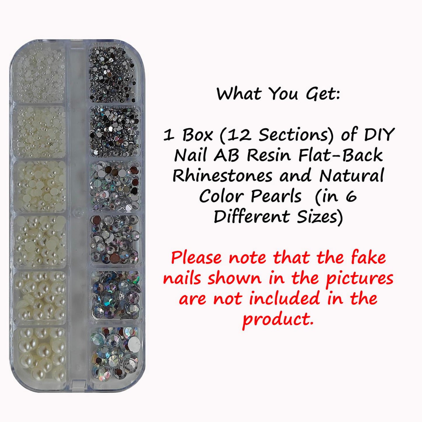 S.A.V.I DIY Nail Art Decoration Kit with White & Ivory Pearl AB Crystal Rhinestones, Flat Back Resin Gems, 6 Mixed Sizes, Gloss Finish, 12-Grid Storage Box for Salon & Home Use