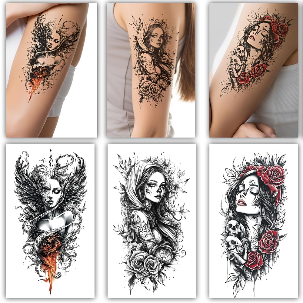 S.A.V.I 3 Gothic Temporary Tattoo Sheets for Women & Men | Large 21x11cm Arm Tattoos | Black & Red Rose, Skull & Angel Designs | Safe Non-Toxic | Waterproof & Long-Lasting Body Art Stickers (Gothic)