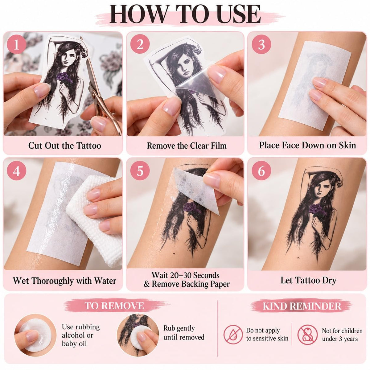 S.A.V.I Temporary Tattoo Stickers Floral Girl Portrait with Purple Rose