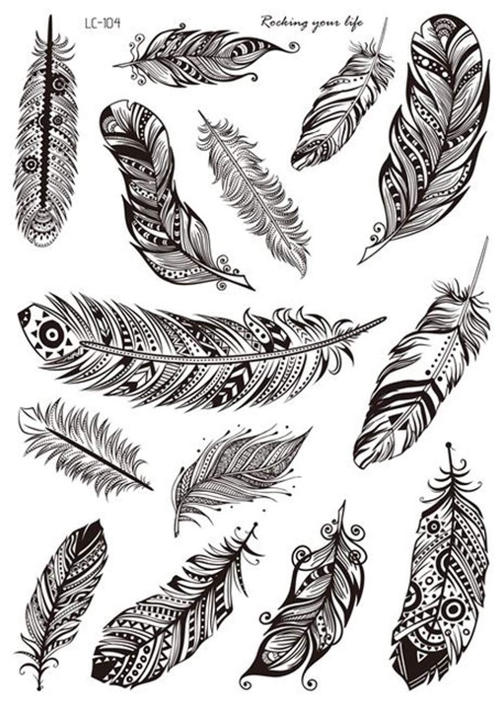 S.A.V.I 3D Temporary Tattoo Black Grey Different Feathers Totem Design Size 21x15CM - 1PC