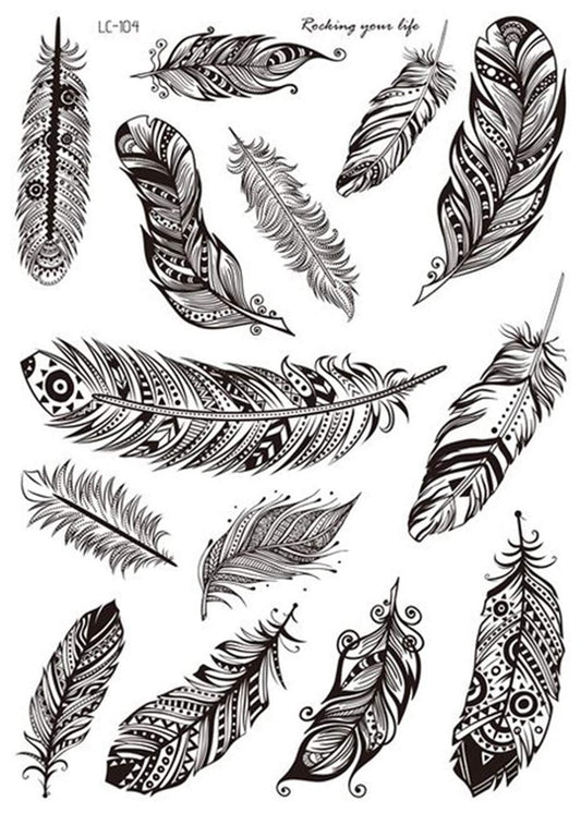 S.A.V.I 3D Temporary Tattoo Black Grey Different Feathers Totem Design Size 21x15CM - 1PC